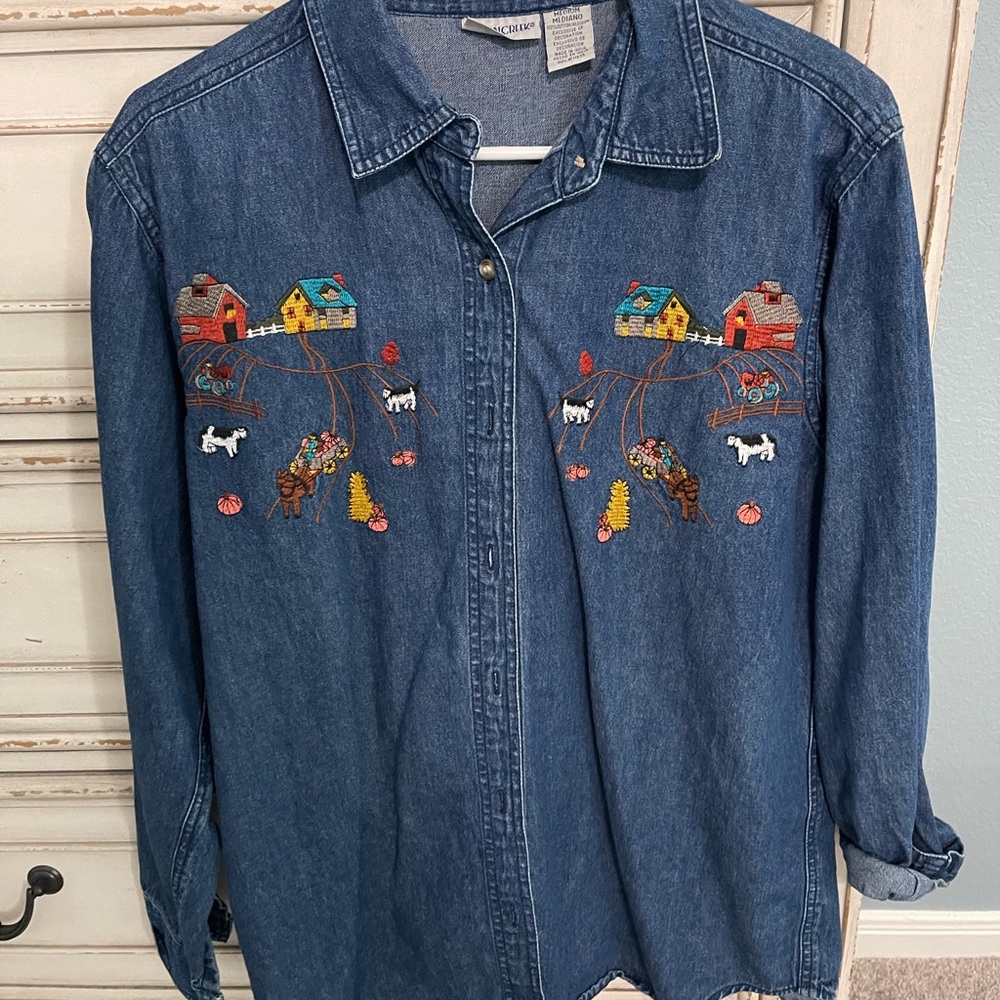 Cabin Creek Blue Button Down Shirt with Autumn Embroidery